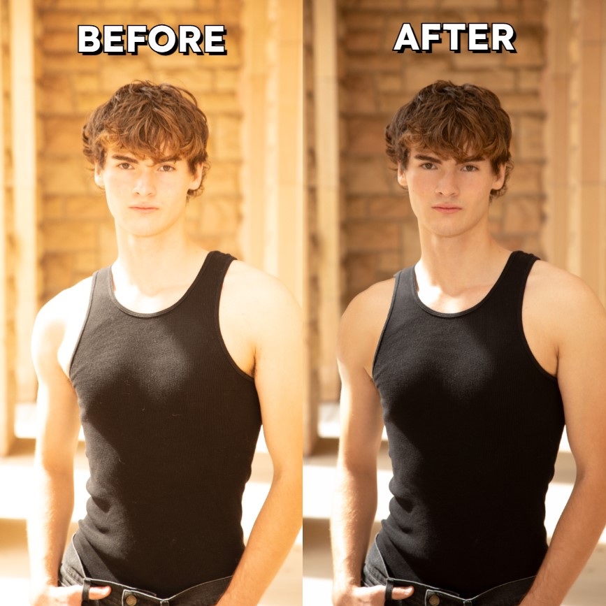 Retouching — portrait in direct sun (before/after).