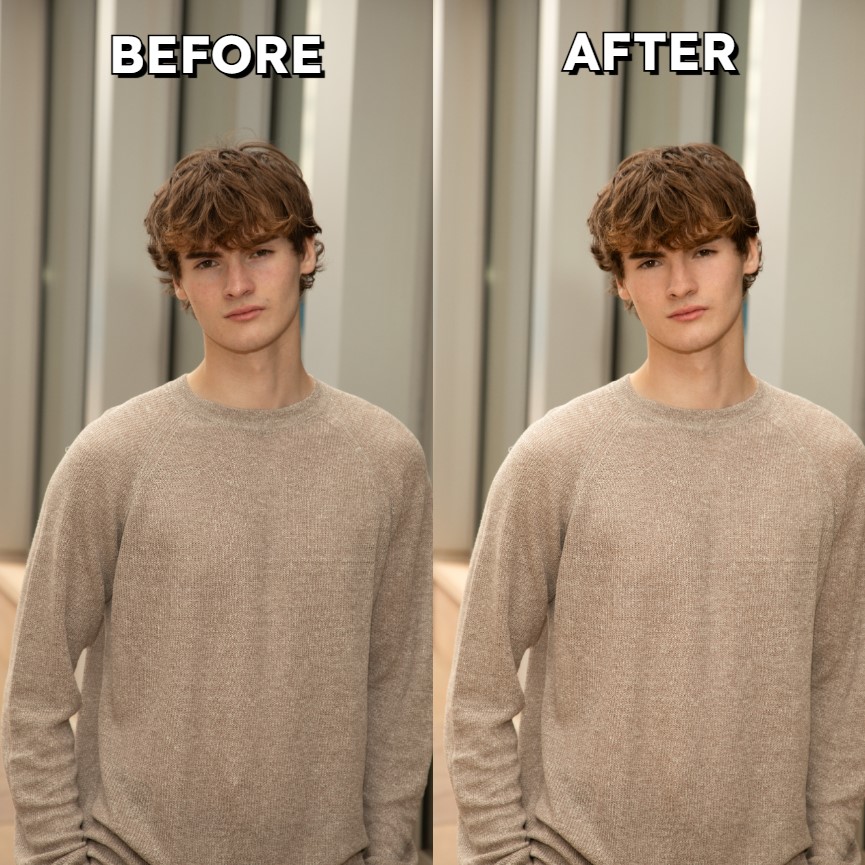Retouching — portrait tonal cleanup (before/after).