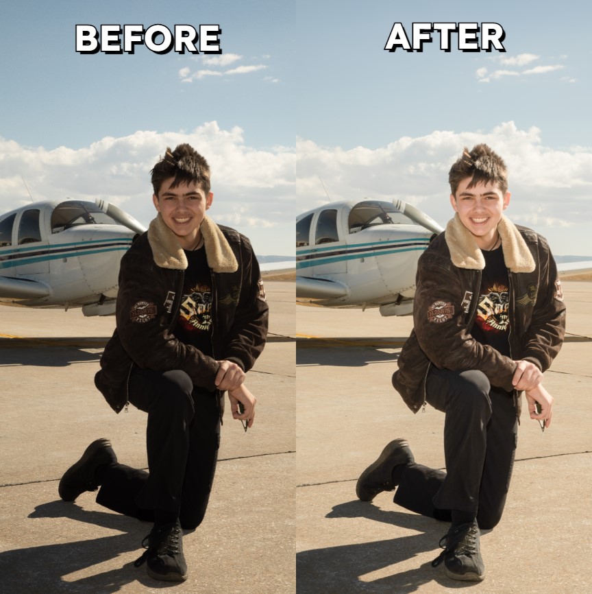 Retouching — airfield portrait (before/after).