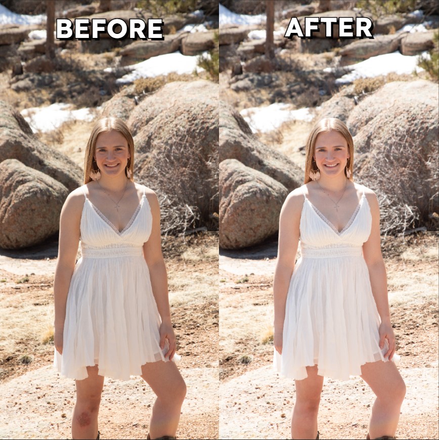 Retouching — outdoor portrait in white dress (before/after).