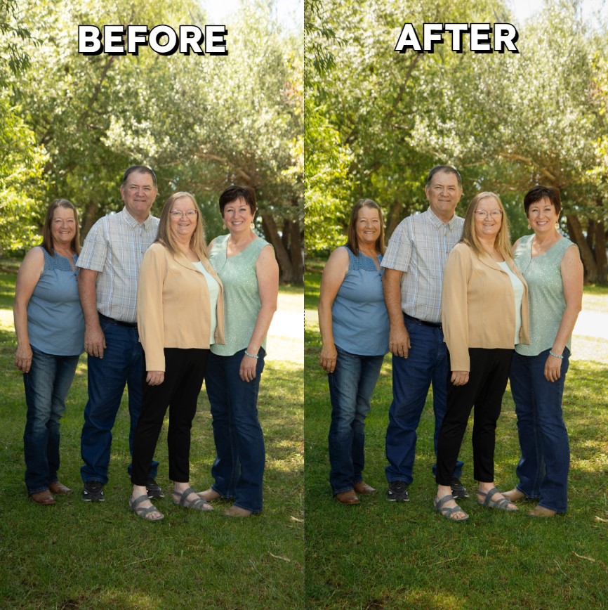 Retouching — family group (before/after).